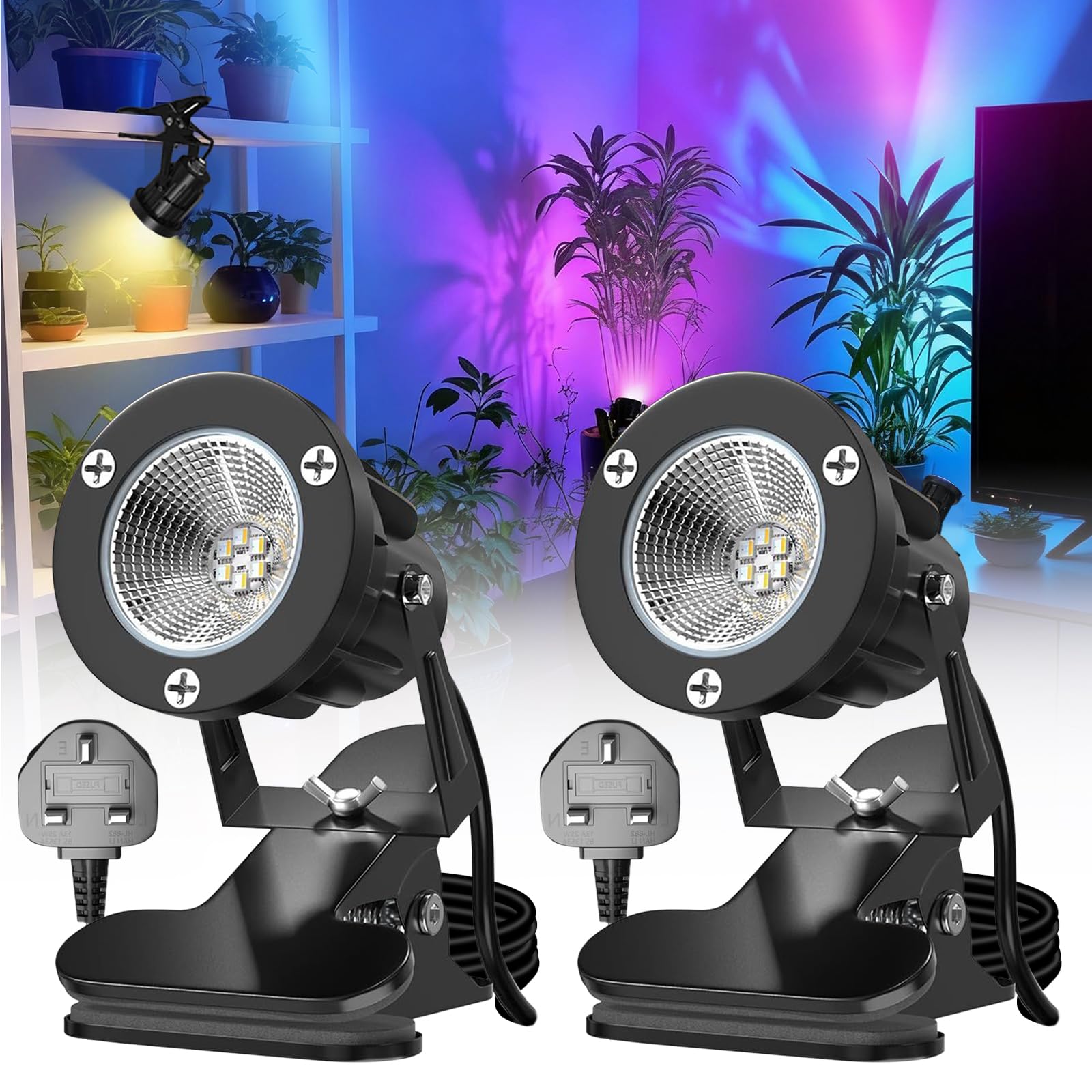 2Pcs RGB LED Clip on Spotlight with Remote Control (Without Battery Plug in Spot Lights Plant Uplighters for Indoor Outdoor IP65, Mains Powered Spot Light, 15RGB Colours + Warm White 1.8m Cord