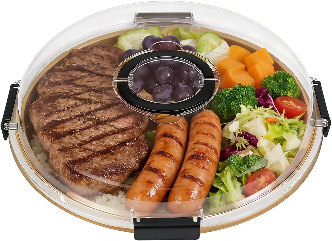 Board Platter – Round Cheese Tray With Transparent Lid, 5 Compartments And Handle | Snack Serving Board For Travel, Picnics, Meat, Fruit, And Party Sharing
