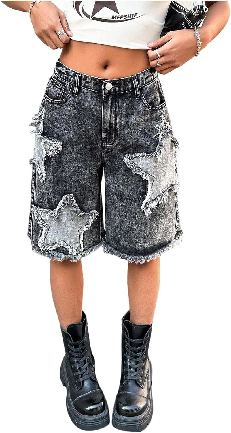 SOLY HUX Girl's Y2k Ripped Jean Shorts Grunge Punk Star Distressed Bermuda Denim Shorts