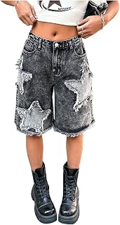 SOLY HUX Girl's Y2k Ripped Jean Shorts Grunge Punk Star Distressed Bermuda Denim Shorts