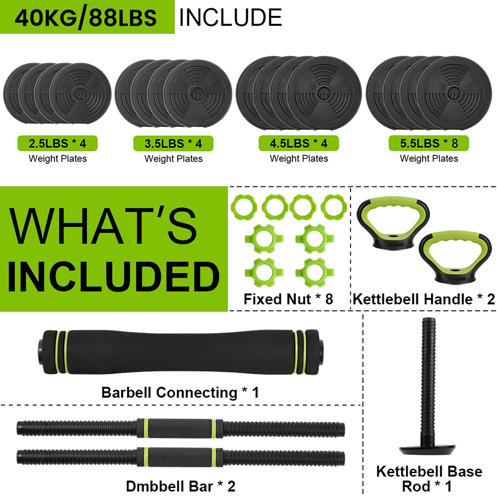 Adjustable Dumbbell Set, 4 in 1 Adjustable Kettlebell Set,44lbs/66lbs/88lbs Weight Set Used as Kettlebells, Barbell, Push up Stand for Home Gym,Green and Black,Round Head
