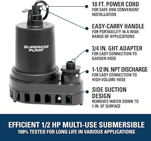 Miniatura 26 de Superior Pump 91250 1800GPH - Bomba utilitaria termoplástica sumergible con cable de 10 pies, 1/4 HP