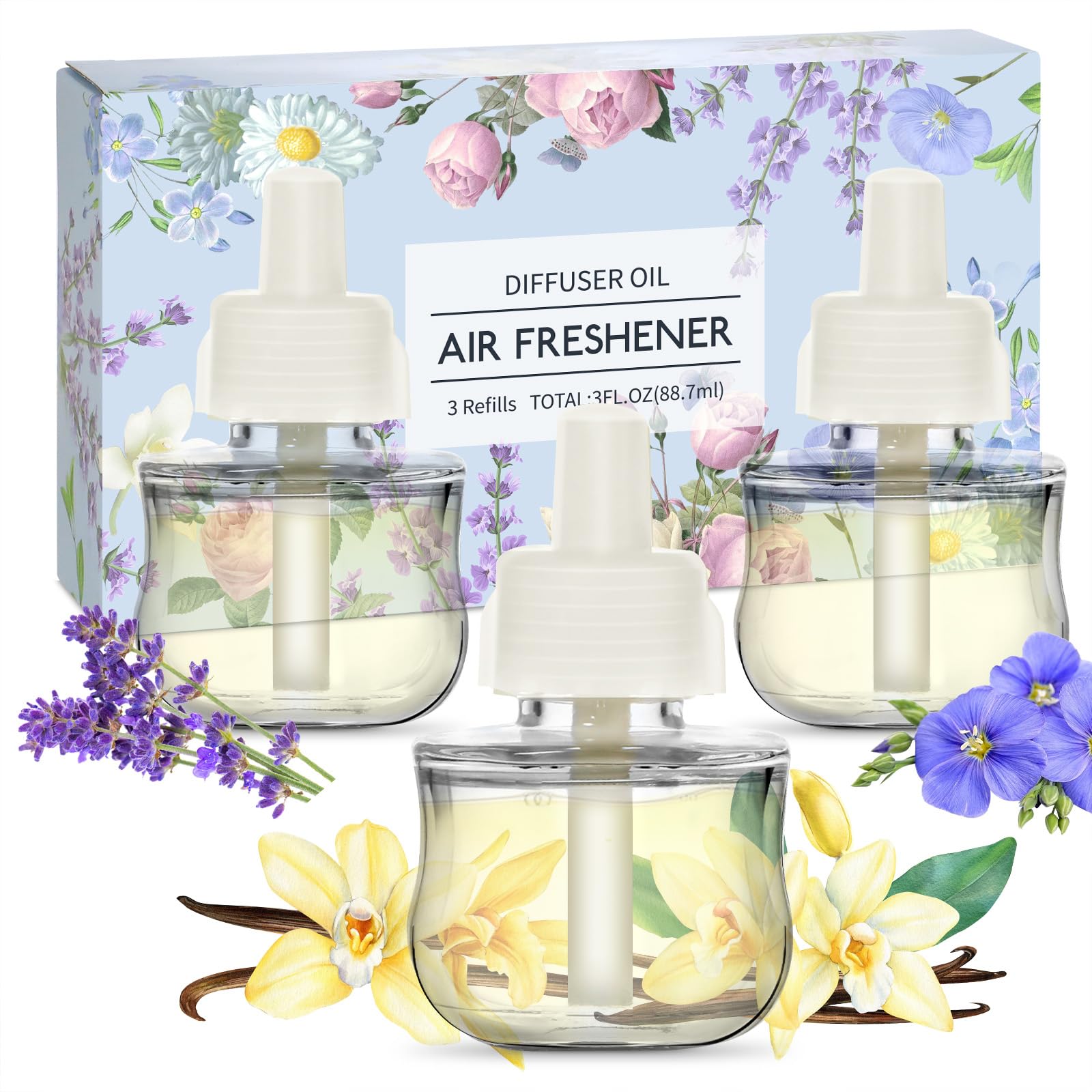 DERDUFT Plug in Air Freshener Refill, Plug in Diffuser Refills, 88.7ml, Linen, Vanilla, Lavender, Compatible with Air Wick, Long Lasting, Pack of 3