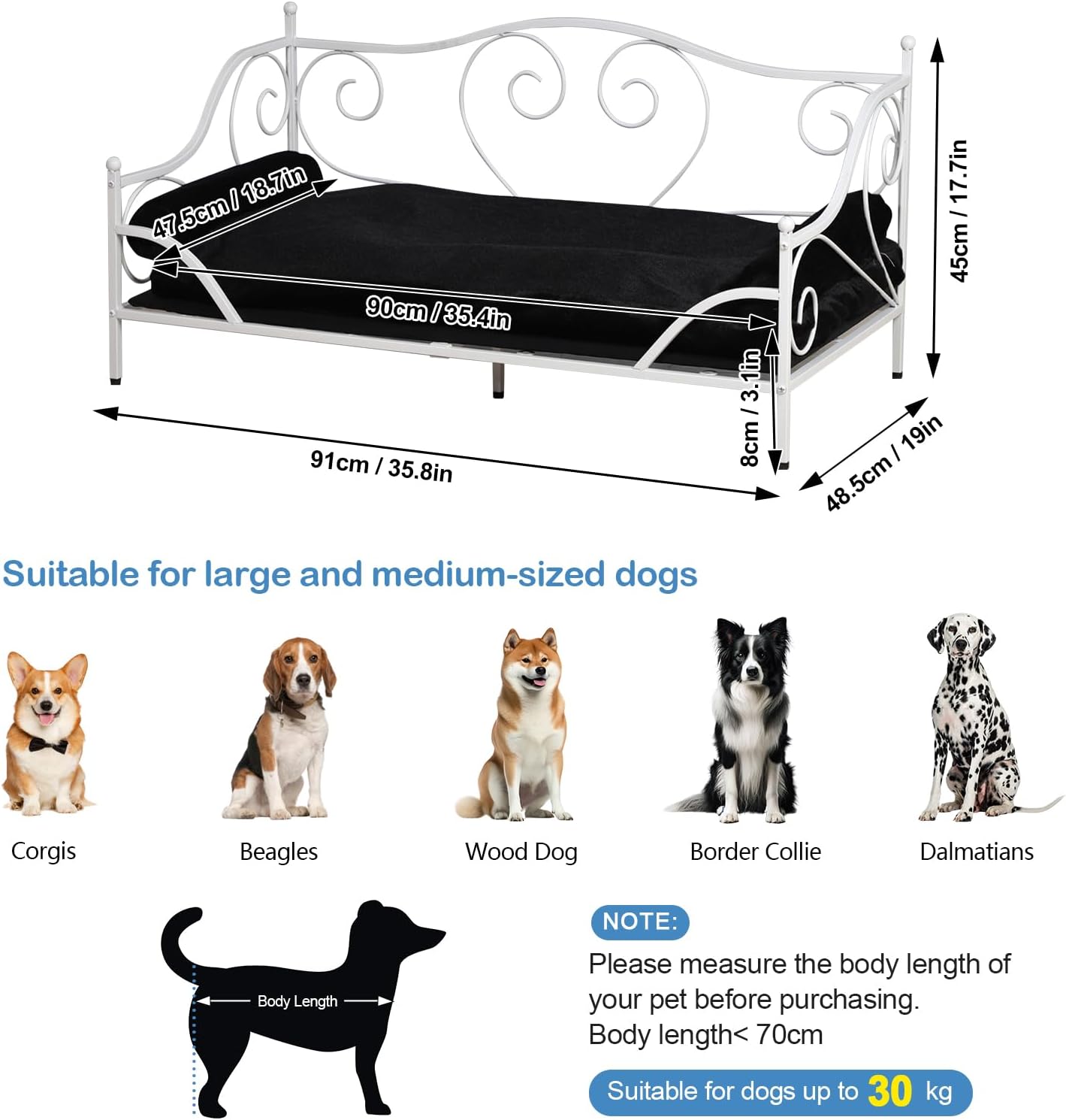 Pet Couch Bed, Large Dog Sofa Beds, Dog Furniture, Medium Pet Couch,Metal Frame and Washable Cushion, for Medium Sized Dogs Sitting (White)