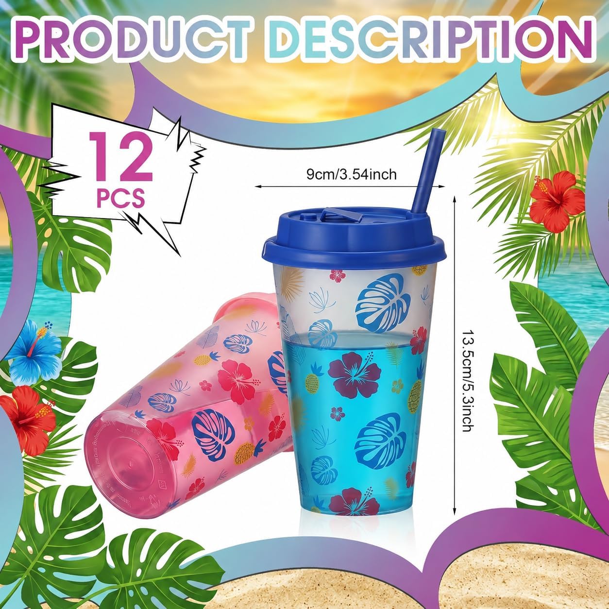 Hawaiian Party Favors 12 Pcs Plastic Cups with Lids and Straws