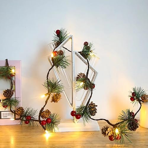 Miniatura 6 de TW SHINE Paquete de 2 tiras de luces de pino de Navidad, 13 pies, 40 LED preiluminadas en total, guirnalda con bayas rojas para decoración de