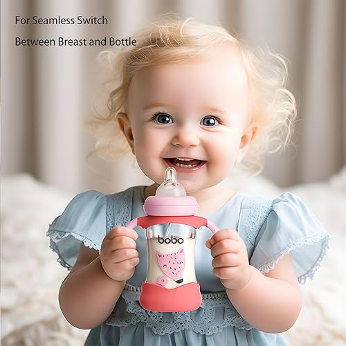 Miniatura 2 de YOHKOH Biberón de vidrio natural con pezón de respuesta natural, biberones de cuello ancho con asa, juego de biberones anticólicos para recién Rojo