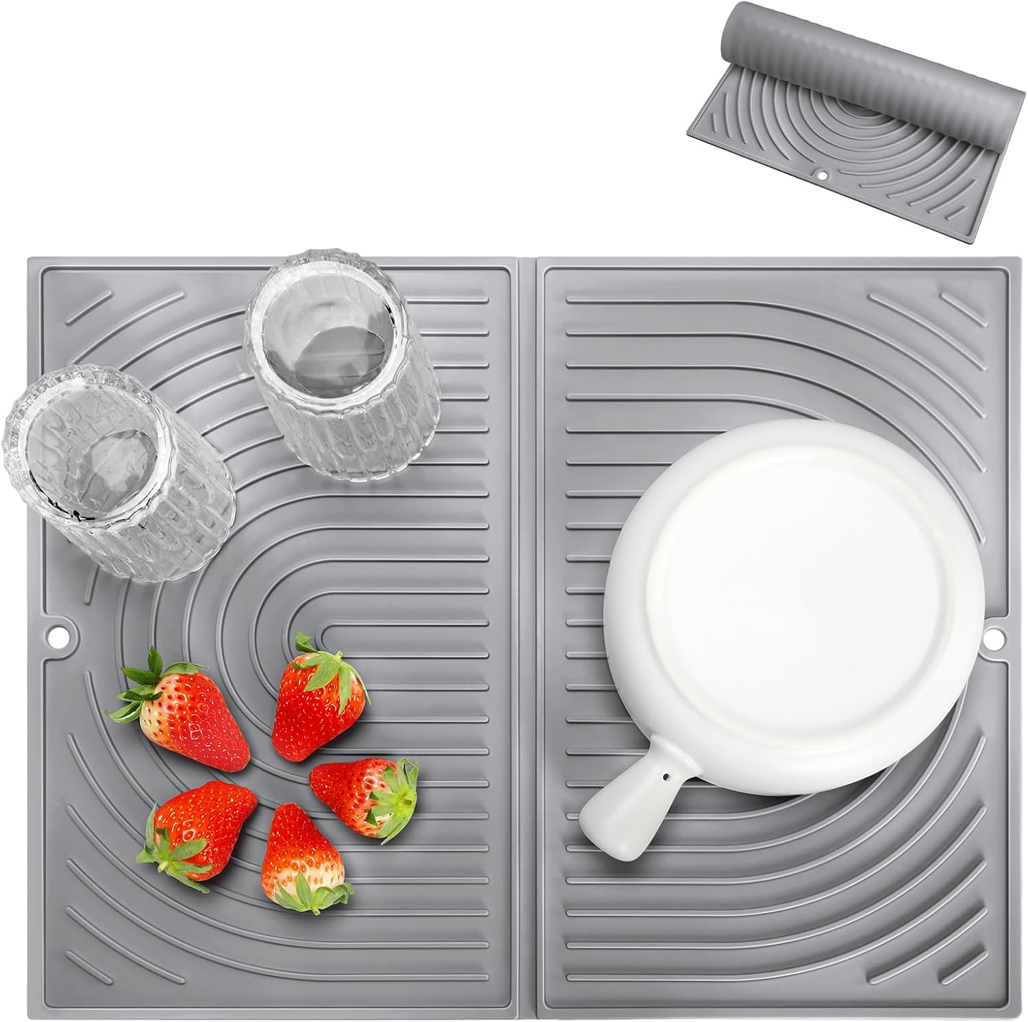 Silicone Dish Drying Mat, Folding Drainer Draining Board Matt for Kitchen Counter, Non-Slip, Quick Dry, Heat Resistant (43×34cm, Grey)