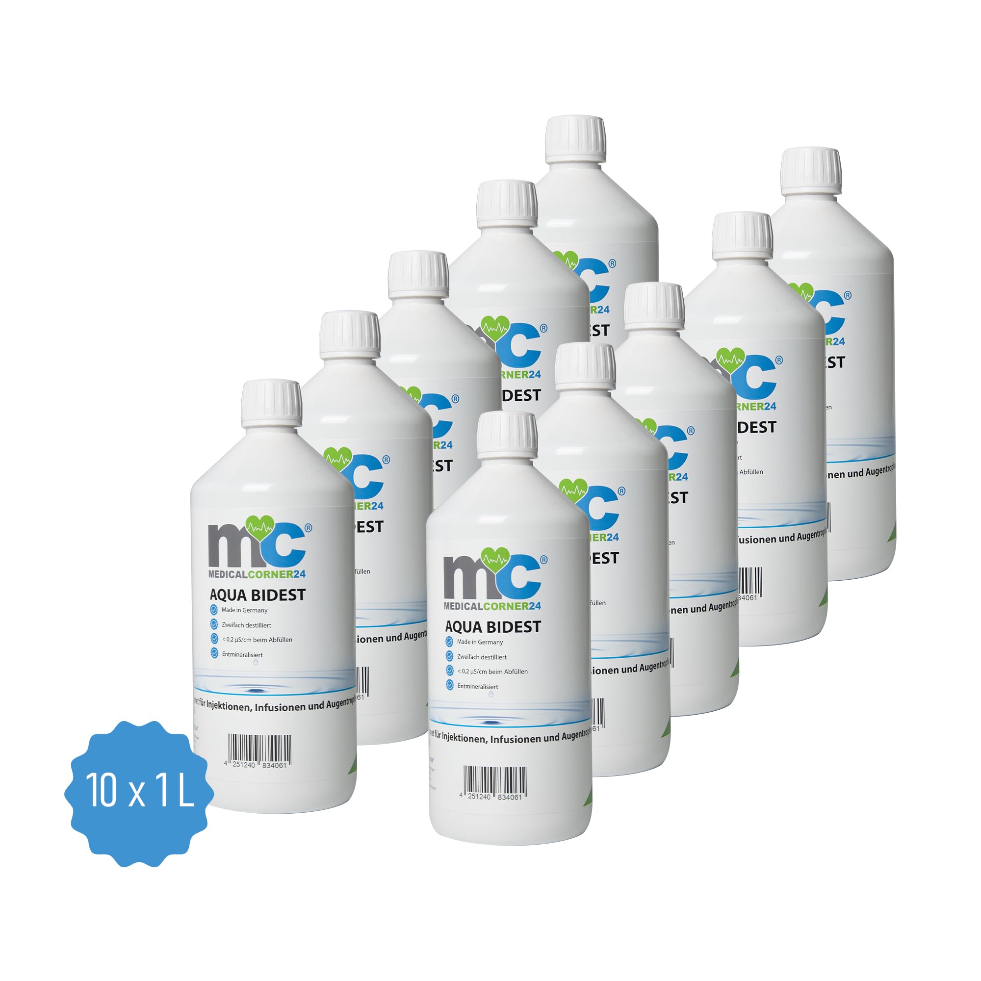 Medicalcorner24 Aqua Bidest Laborwasser bidestilliertes Reinst-Wasser, zweifach destilliert, 10 x 1 Liter