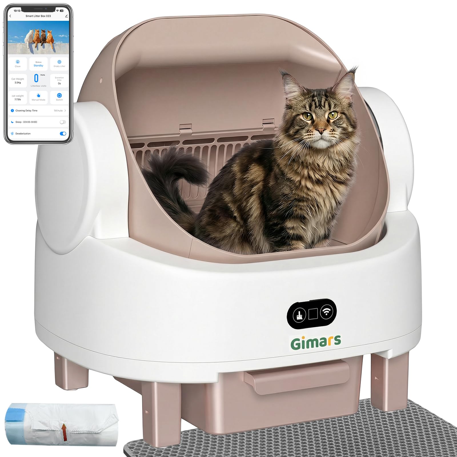 Gimars Open Top Design Self Cleaning Litter Box, Automatic Cat Litter Box for Multiple Cats & Senior Cats, App Control with Safety Sensors, Low Odor, Includes Trash Bags & Litter Mat