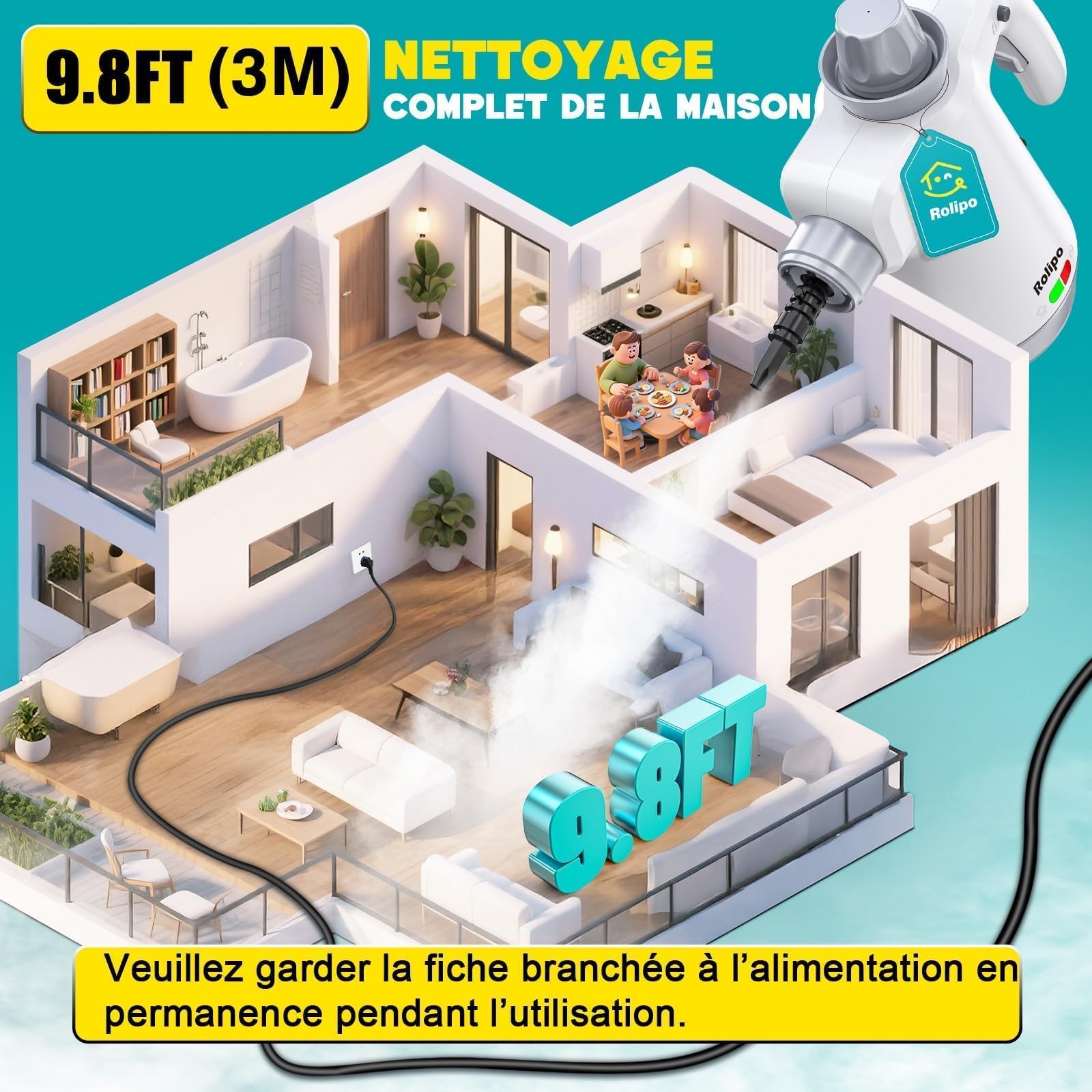 Nettoyeur Vapeur Portatif 1050W, Nettoyage Haute Température – 100% Sans Chimie Désinfection, Appareil Multifonction pour Cuisine, Salle de Bain, Voiture, Sols et Tissus