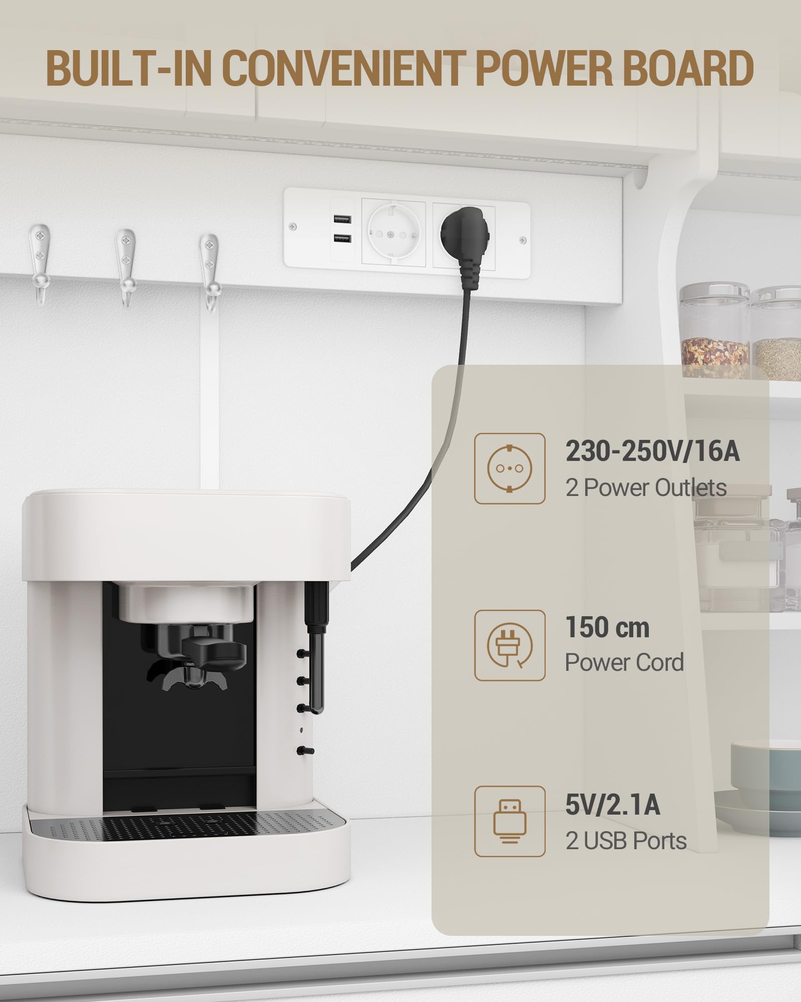 Hzuaneri Szafka kuchenna, szafka w formie bufetu, szafka domowa z listwą zasilającą i listwą świetlną LED, blatem roboczym i 2 szufladami, regulowanymi półkami, kuchnia, salon, 40 x 100 x 180 cm