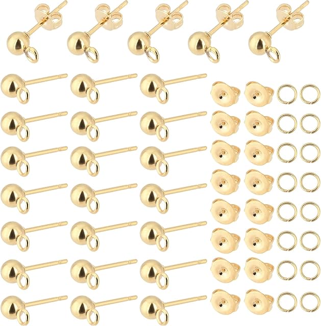 PandaHall 300pcs 18K Gold Ball Post Earring Stud, 100pcs Earring Post with Loop Stainless Steel Earring Components 100pcs Open Jump Rings 100pcs Ear Nuts for DIY Crafts Earring Making