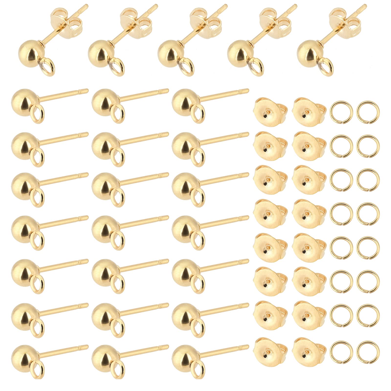PH PandaHall 300pcs 18K Gold Ball Post Earring Stud, 100pcs Earring Post with Loop Stainless Steel Earrings Components Open Jump Rings 100pcs Ear Nuts for DIY Crafts Earrings Making