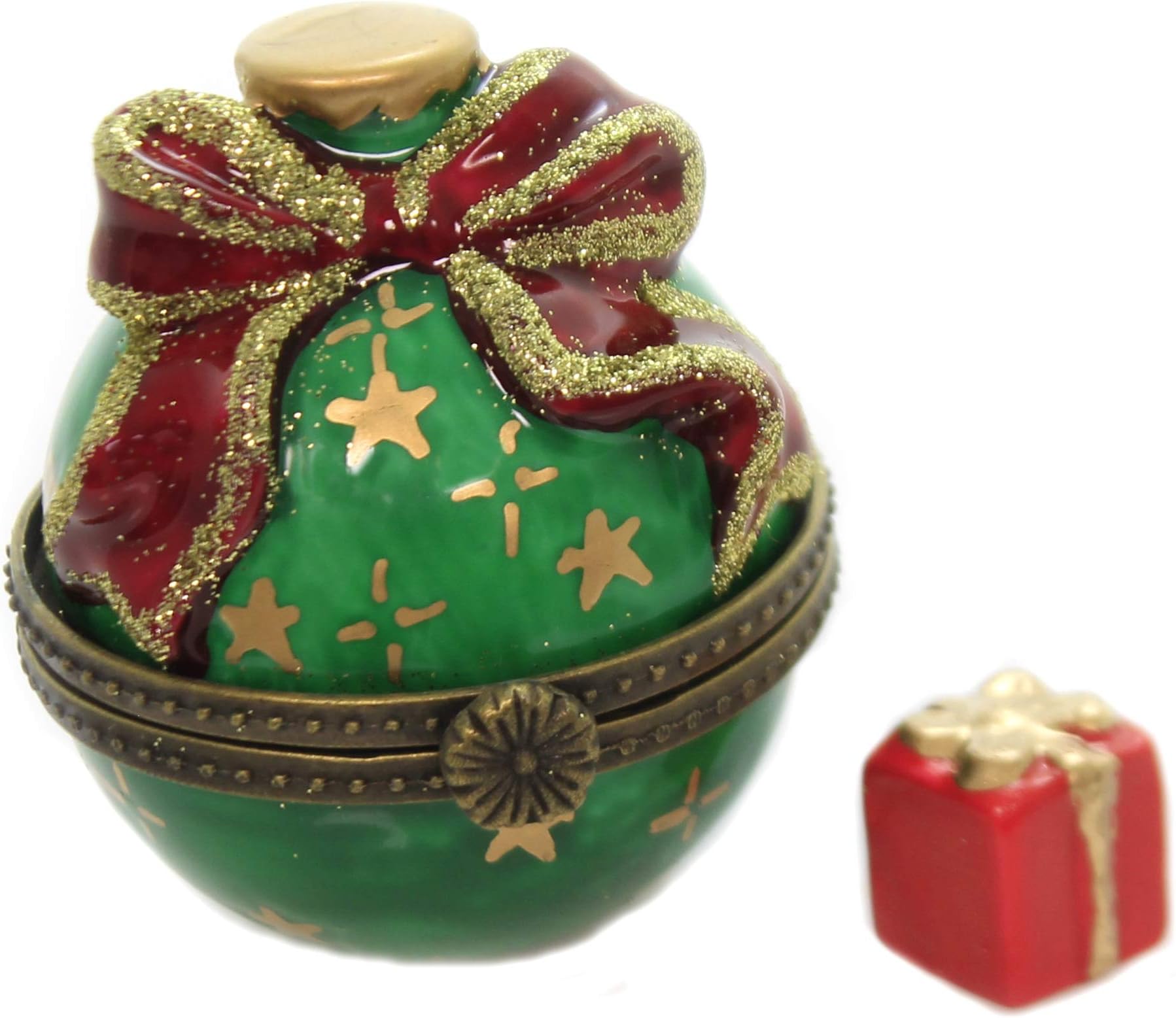 Art Gifts Christmas Holiday Ball Green Gold Glitter Hinged Porcelain Trinket Box …