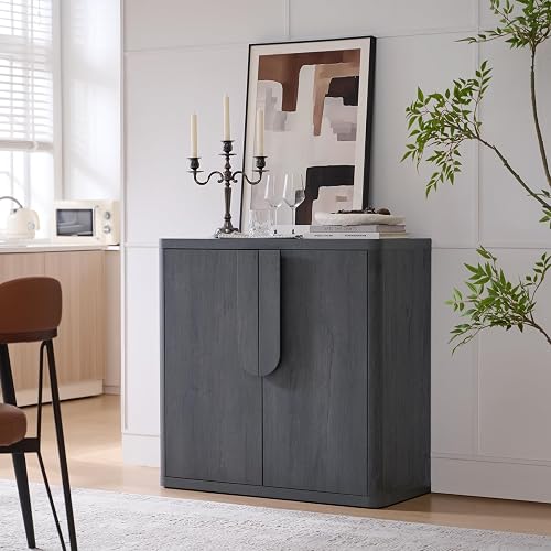 NOWABAY 34.5'' Sideboard Buffet Cabinet W/Storage, Modern Accent Cabinets W/Curved Handles & Adjustable Shelves, 4 Doors Coffee Bar Buffet Table Credenza for Living Room Kitchen Hallway, Dark Grey