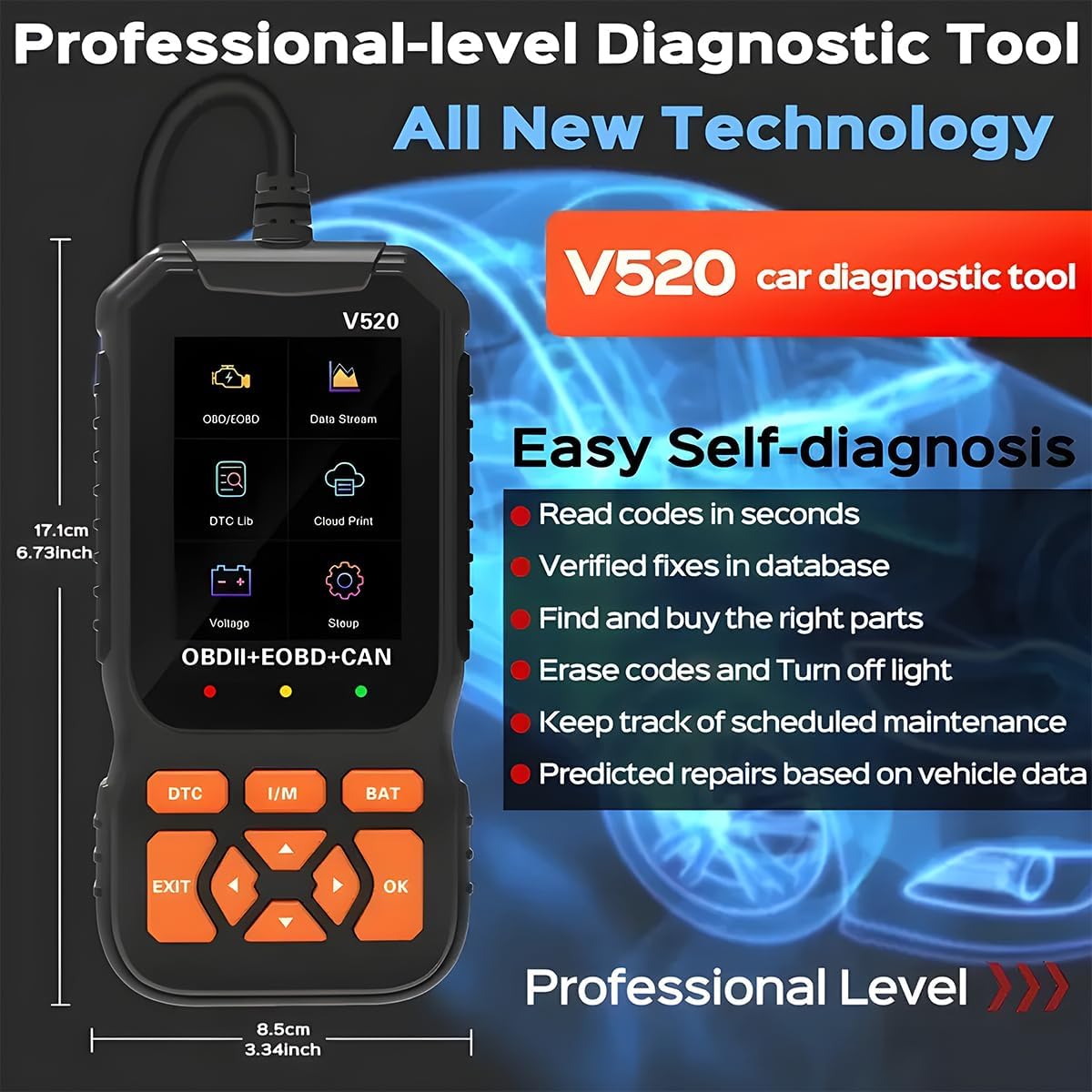 Professional OBD2 Car Scanner Diagnostic Tool, Enhanced V520 Vehicle OBDII/EOBD Check Engine with Read/Erase Fault Code, Auto Code Reader Scanner, Universal for Cars After 1996