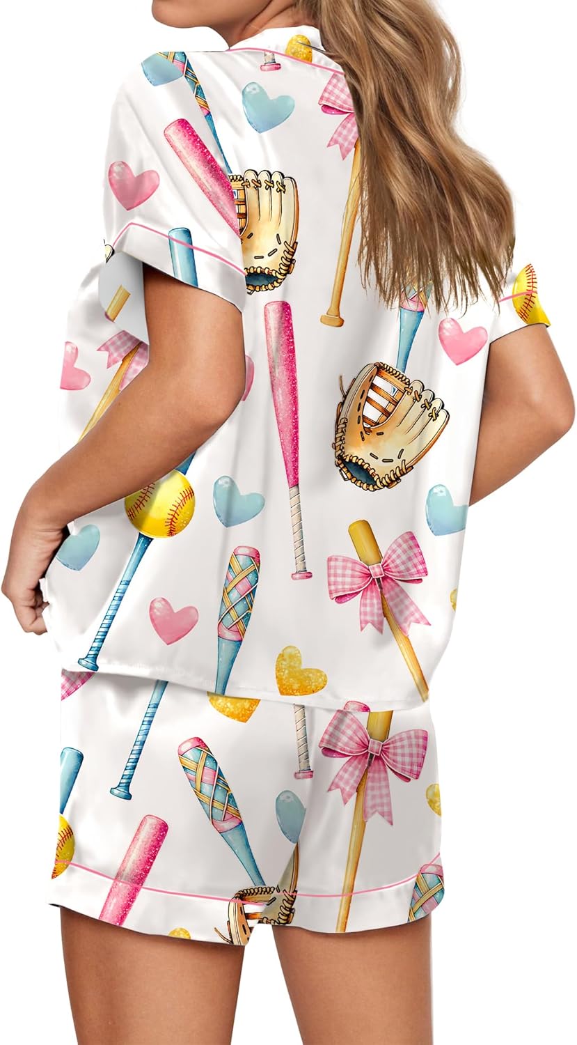 SHESHOW Pajamas for Women Set Satin Button Down Short Sleeve Top and Shorts Pjs Sets Sport Ball Print Sleepwear XS-XXL - Image 4