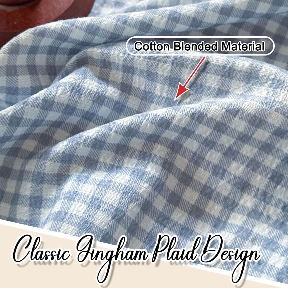 NSNLGSGC Light Blue Plaid Gingham Ruffled Tablecloth Rectangle 60"x84", Taupe Washed Cotton Blended Checkered Table Cover for Dining Room or Kitchen
