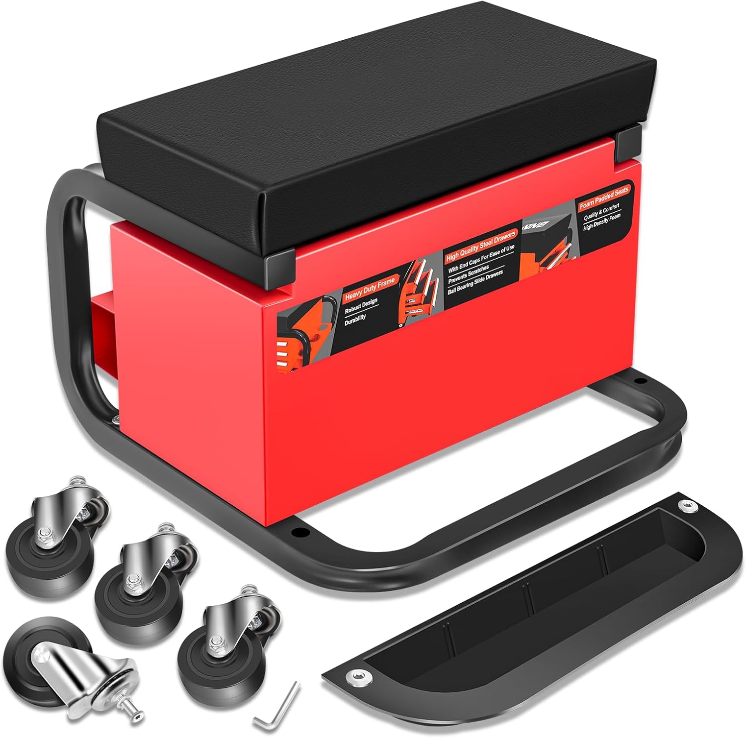 Magshion 3-Drawer Rolling Mechanics Stool, Heavy-Duty Padded Roller Seat with Tool Chest for Garage, Workshop & Repair Shop (250lbs Capacity, Black/Red)