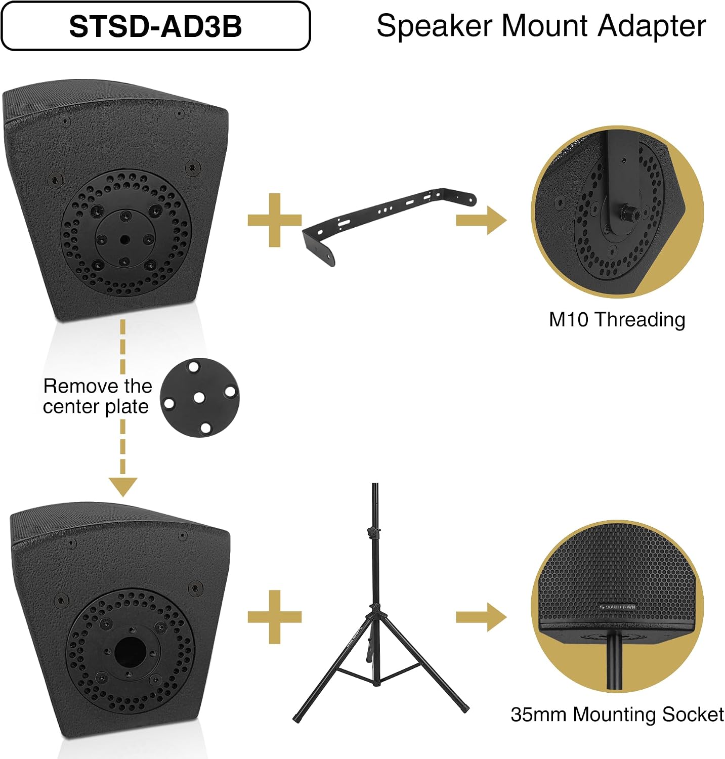 Diagram showing how to use the STSD-AD3B speaker mount adapter. It illustrates removing the center plate to reveal M10 threading for fixed installations, and how to combine the adapter with a speaker stand for 35mm mounting socket use.