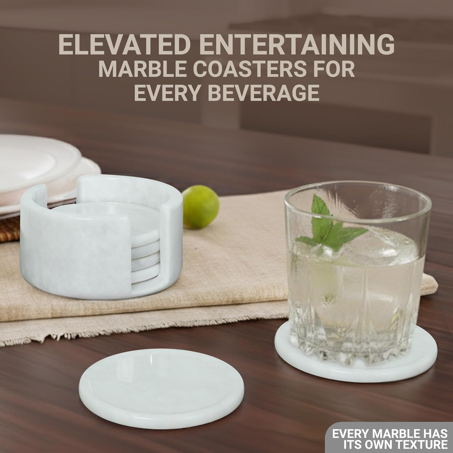 Marble Coaster Set of 6-3.7" Round Marble Drink Coasters, Cork Backing Non-Slip, Office Protect Tables from Stains and Scratches, White - Image 3