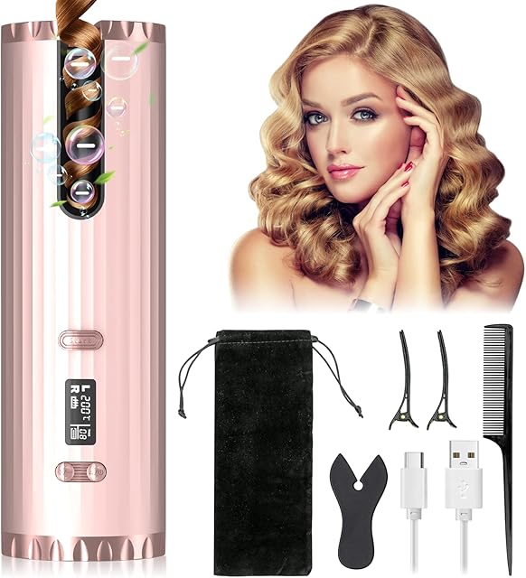 Cordless Hair Curler, Portable Automatic Curling Iron, Professional Anti-Tangle Wireless Curling Wand for Long & Short Hair Styling Home Travel, with 6 Temperature & Timer, LCD Display, USB Cable