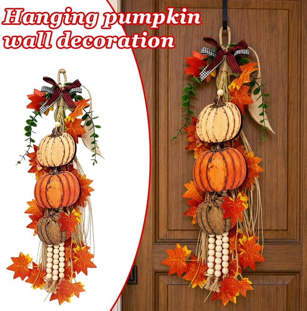 Rustic Wooden Pumpkin Door Hanging Swag with LED Lights image 3