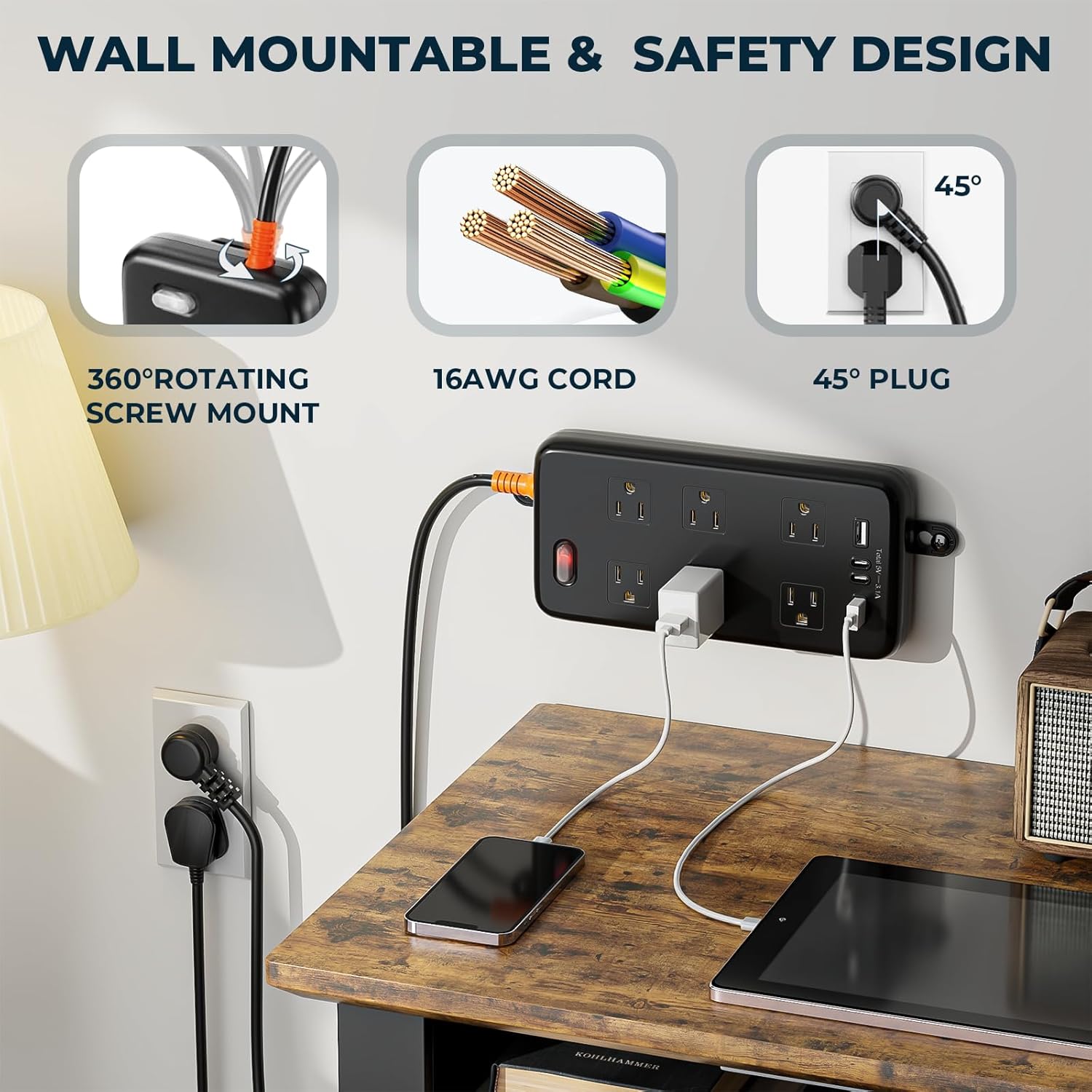 Outdoor Power Strip Weatherproof, IPX6 Waterproof Surge Protector with 6 Wide Outlets and 2USB A&2USB C, 1625W/13A, 6FT Extension Cord, Wall Mountable for Indoor Outdoor, UL FCC Listed