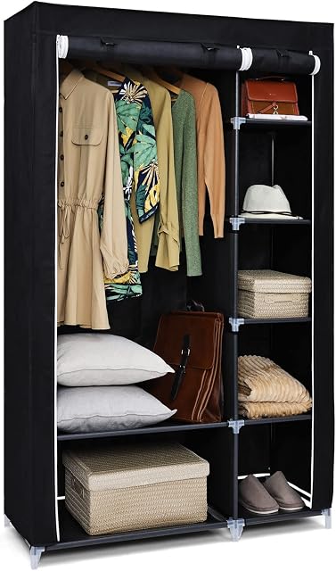 Double Canvas Wardrobe, Portable Wardrobe, Foldable Closet, Clothes Storage Organizer with Hanging Rail for Clothes, Bags, Toys, Shoes, Living Room, Bedroom 175 x 110 x 45CM Black