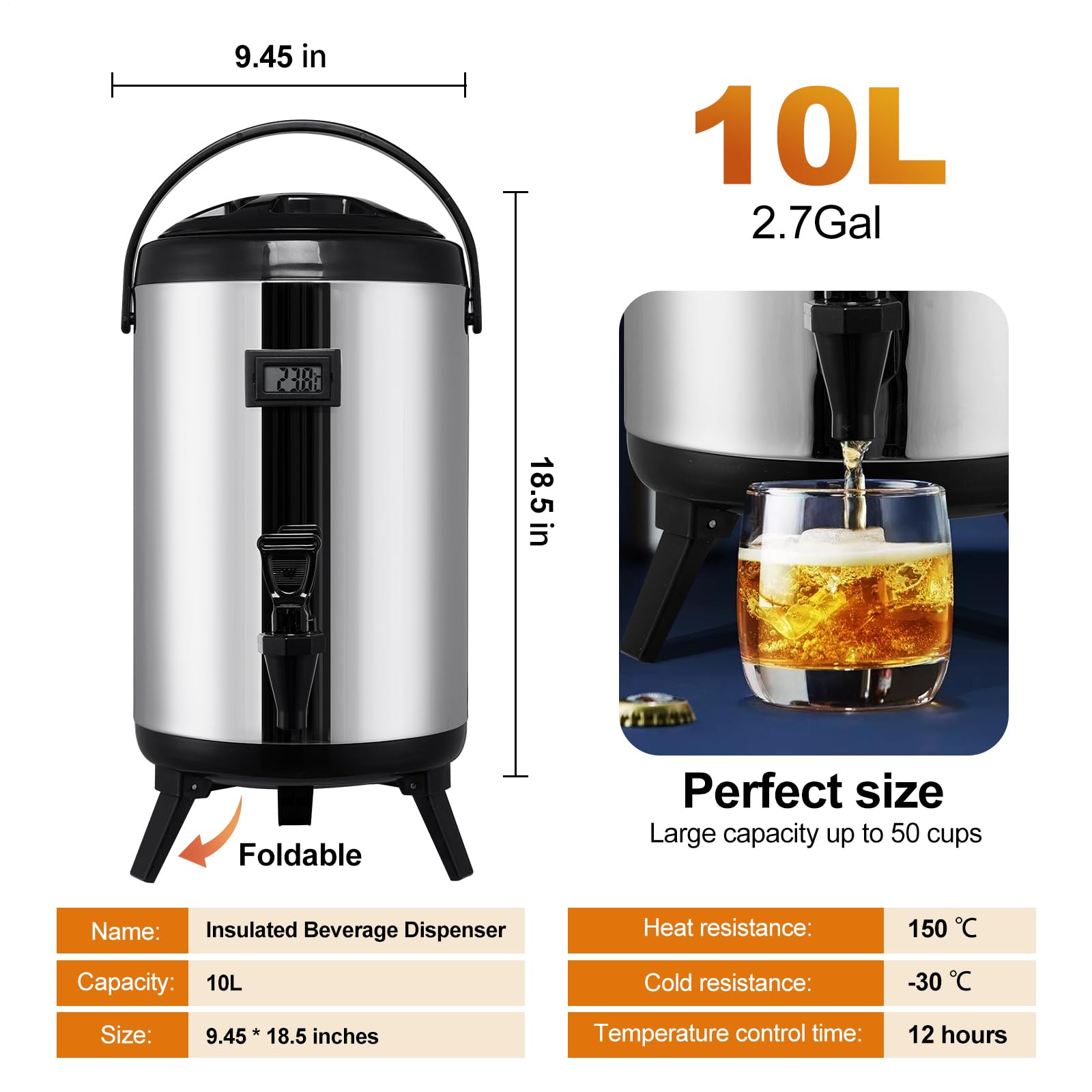 Hot Chocolate Dispenser | Stainless Steel Hot Liquid Dispenser 10L | Thermal Beverage Dispenser with Temperature Meter, Hot Water Carafe for Tea, Coffee, Water, Juice