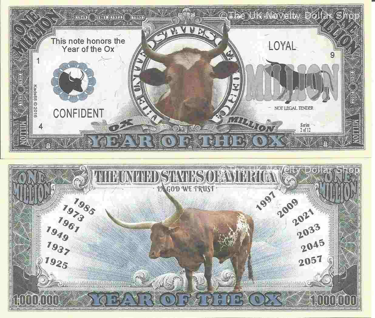 Novelty Dollar Year Of The Ox Confident Loyal Million Dollar Bills X 2 Chinese Zodiac 2009 2021
