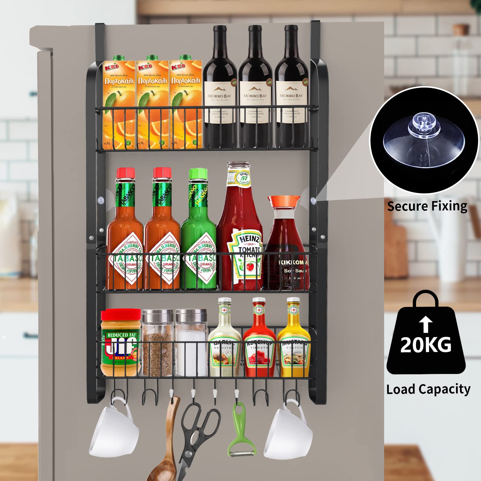 Estante de Frigorífico, 3 Niveles Especiero Colgando Estante de Almacenamiento, Estantería Nevera con 8 Ganchos, Estante Cocina Organizador para Especias sin Taladrar, Negro