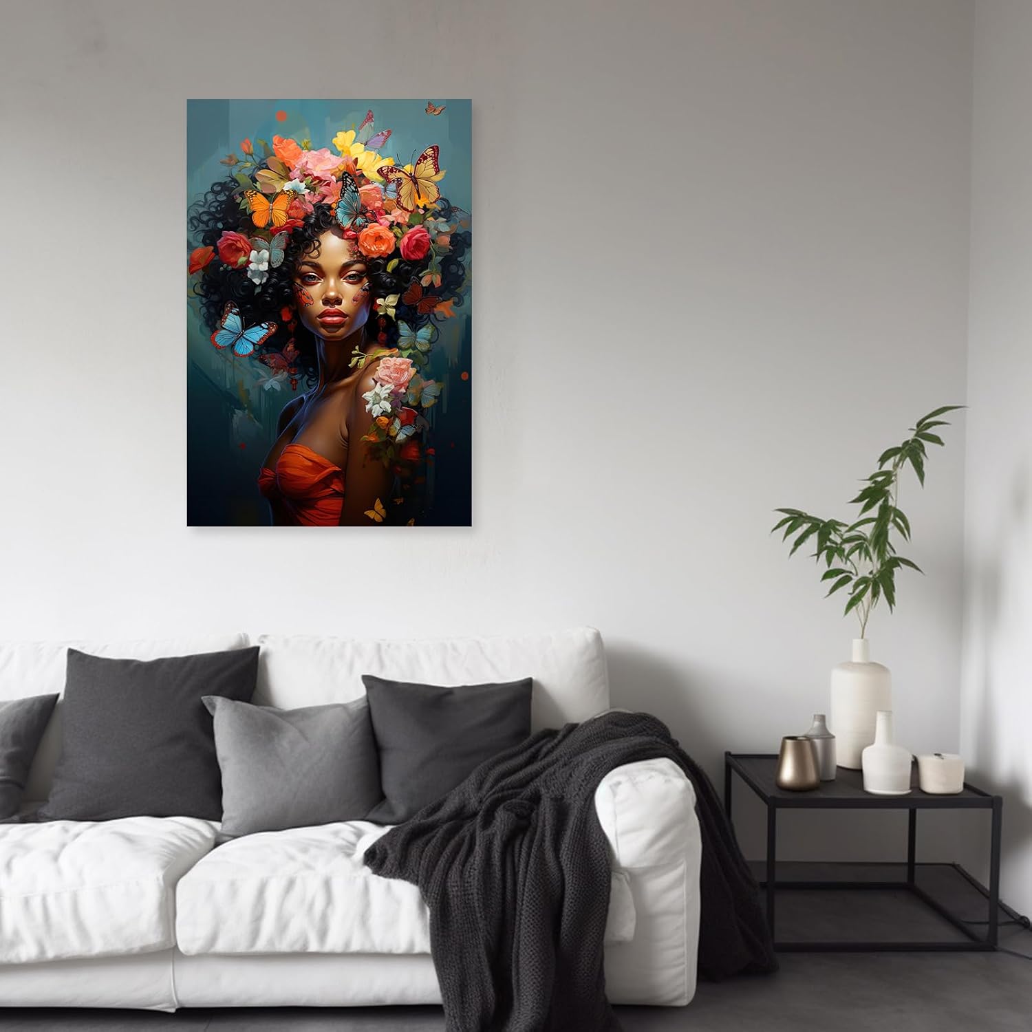 DOARTDO African Black Woman Canvas Wall Art Abstract Color Girl Portrait Painting Woman Floral Hair Picture Print for Office Bathroom Frame Decor (Woman - 3, 12L x 18W)