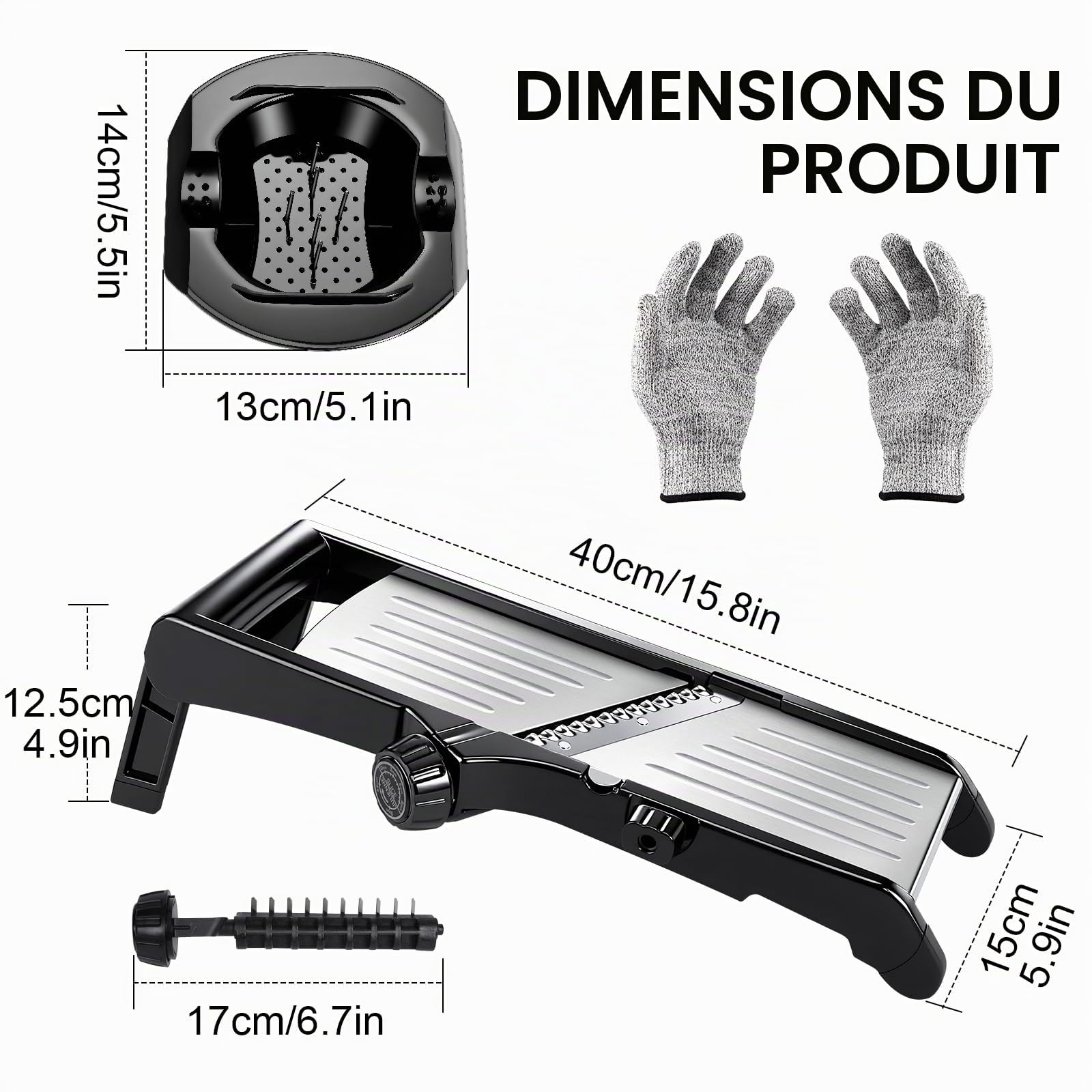 Masthome Mandoline Cuisine Professionnelle Inox, 10 modes de coupe | 10 en1 (tranches 3/6/9mm, julienne 4.5/9mm), 2 lames pivotantes, gants anti-coupure, protège-main et brosse.
