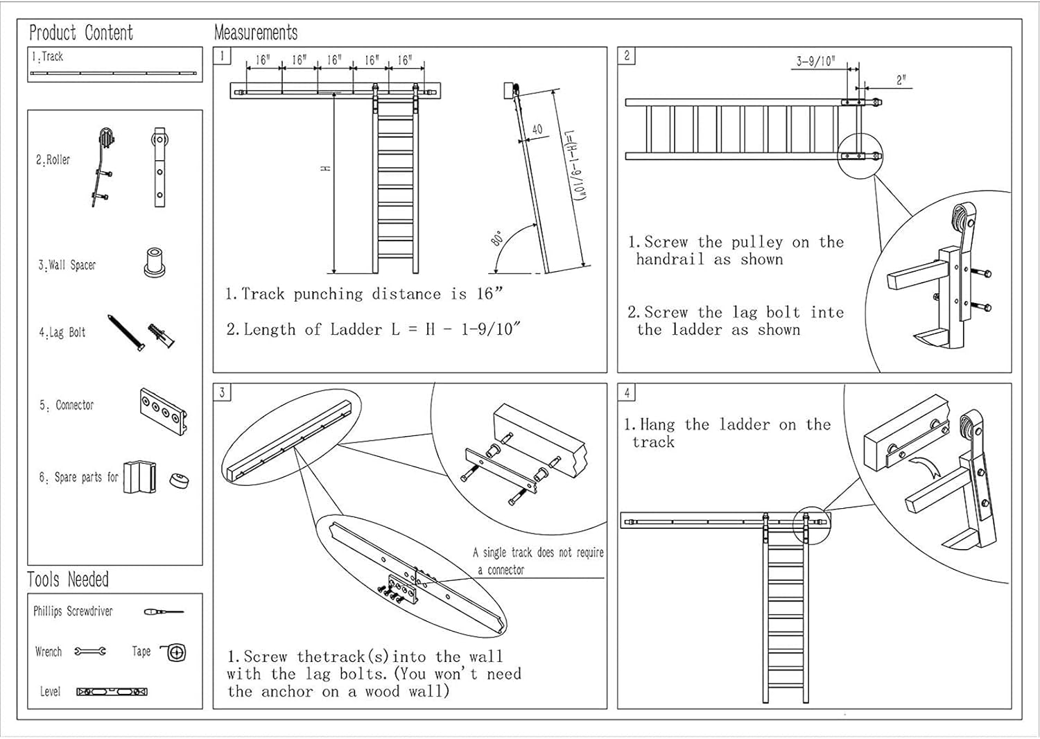 Sliding Ladder Hardware Kit, Black Steel, 300cm (9.8 ft) Track Kit, Library Rolling Ladder, 441 lbs Load Capacity