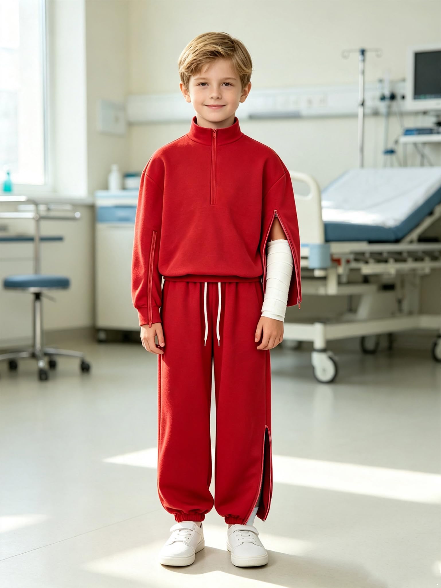 Jungen Genesungsanzug Aufreißbare Sweatanzüge Adaptive Kleidung Set | Genesungsanzug Nach Operation,Zwei Stücke,Schulanfang,Seitenreissverschluss,Abreißbar,Komfortables Tageskleidungs Set,Wandern