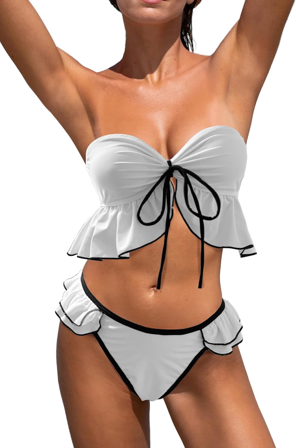 Bandeau Bikini Sets for Women Strapless Ruffle Hem Two Piece Swimsuits with Low Rise Cheeky Bottom Bathing Suit