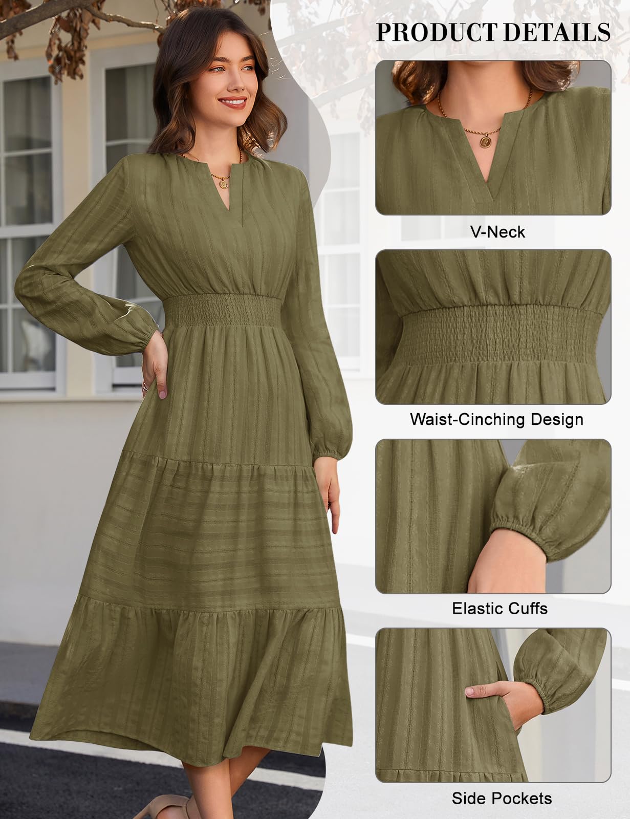 Robe Femme Manches Longues Col en V Automne | Taille Haute, A-ligne, Coton, Robe Décontractée, Taille Froncée, avec Poches, Chic Et Elegant, Printemps, Automne, Hiver