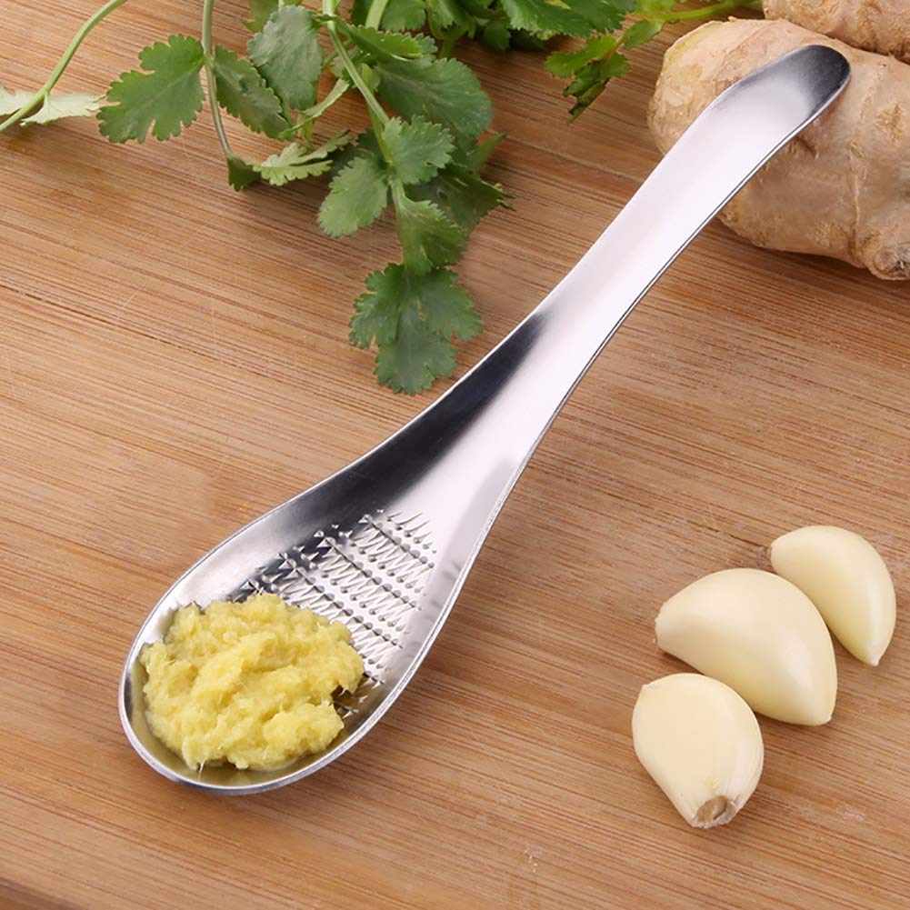 Garlic Press,Houmal Household Portable Stainless Steel Ginger Grater Garlic Lemon Grinding Spoon - Silver