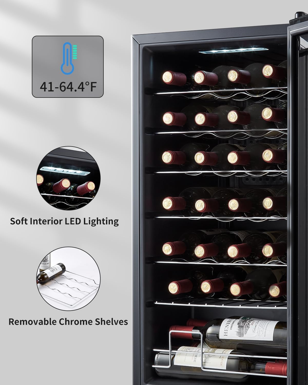 BODEGACOOLER 28 Bottle Compressor Wine Cooler for Home and Kitchen, Freestanding Mini Fridge with Digital Touchscreen, LED Display,Split Storage for Red & White Wines,Matte Black Refrigerator Home Bar