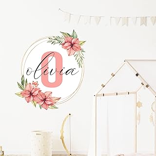 Custom Name Initial Wall Sticker, Personalised name in floral wreath Wall Decal, Customised Bedroom Wall Stickers, Toy Box Name Stickers, Nursery Wall Art Decor, Girls room decor