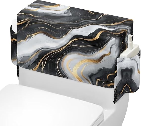 Black Marble Print Toiet Tank Dust Cover with Side Storage Pockets Reusable Toilet Top Cover Bathroom Decor Accessories