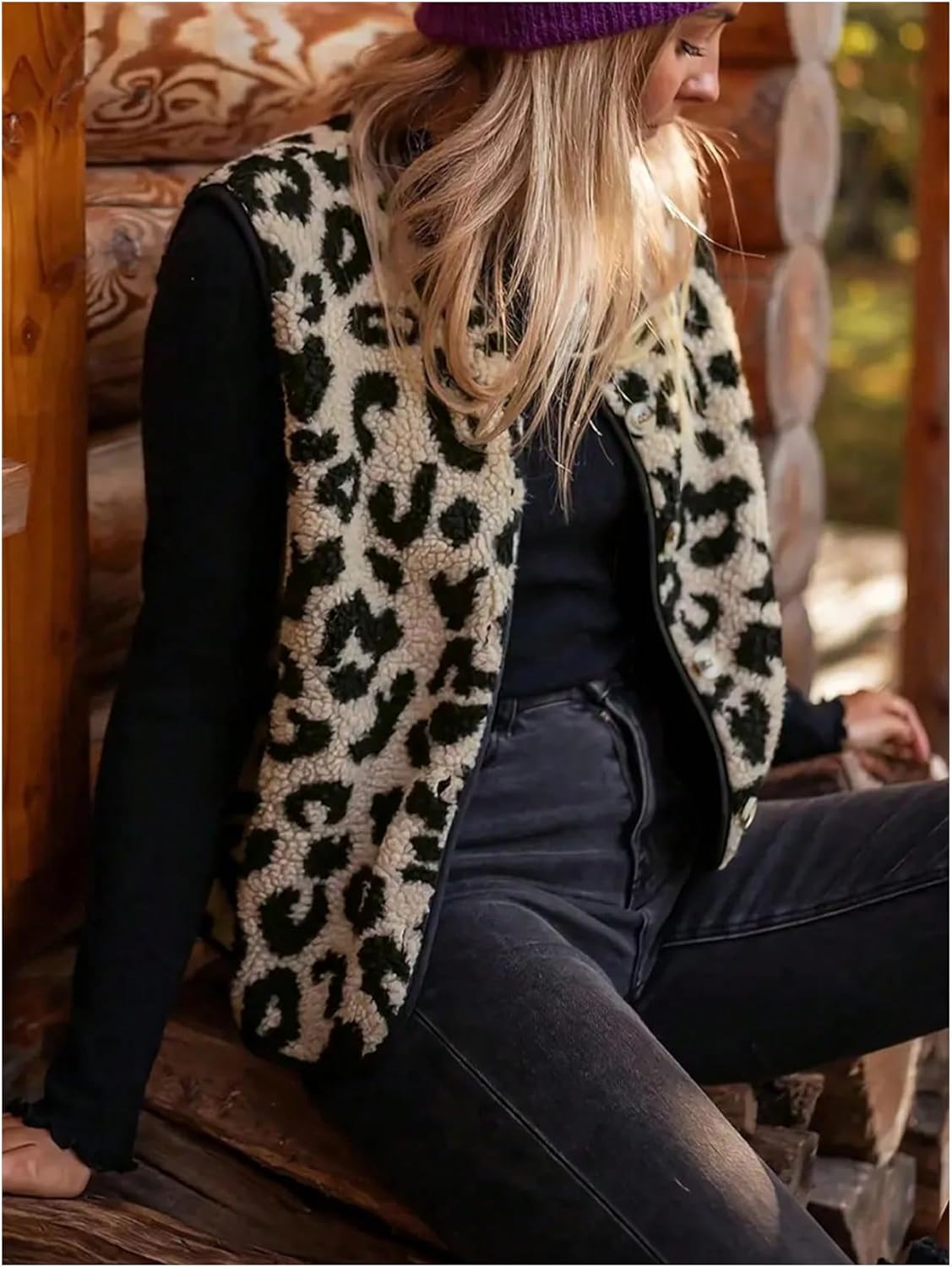 SweatyRocks Women's Leopard Print Button Front Vest Casual Sleeveless Crew Neck Fuzzy Jacket
