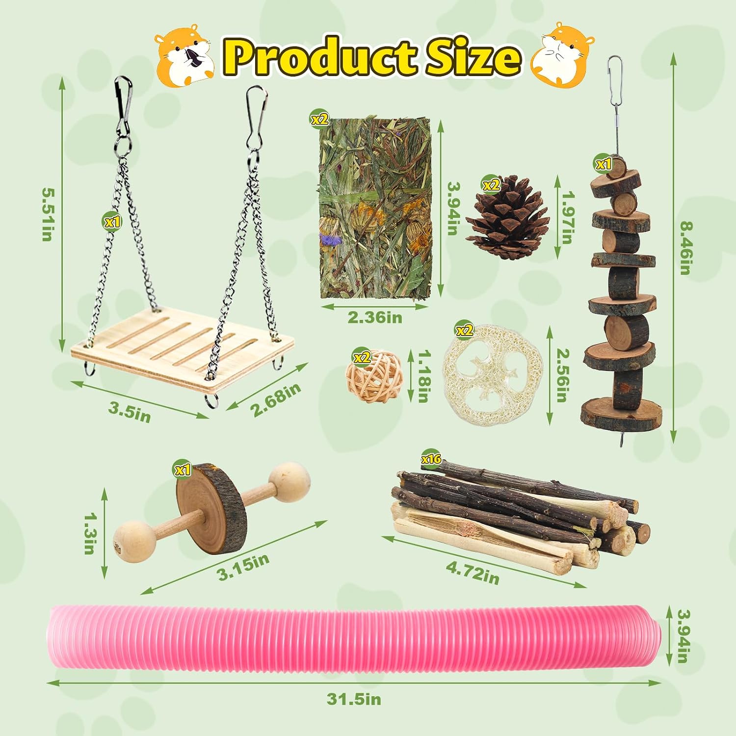 Guinea Pig Toys Kit with Pink Hamster Fun Plastic Tunnel Small Animals Chew Toys with Natural Timothy Hay Chips, 30 Pcs Hamster Cage Accessories for Gerbils, Rats, Mice, Ferrets (Pink)