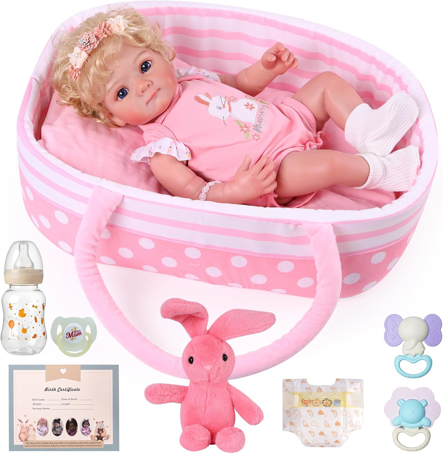 BABESIDE Reborn Baby Dolls with Bassinet - 17 Inch Lifelike Realistic Baby Doll Girl Soft Body Real Newborn Baby Doll Silicone Vinyl Full Set with Pink Basket & Feeding Kit for Kids Age 3+