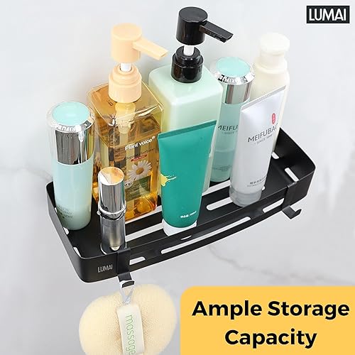 Miniatura 4 de Cesta de ducha negra adhesivo para estante de ducha de acero inoxidable, soporte para bañera, mostrador organizador de baño de montaje en pared,