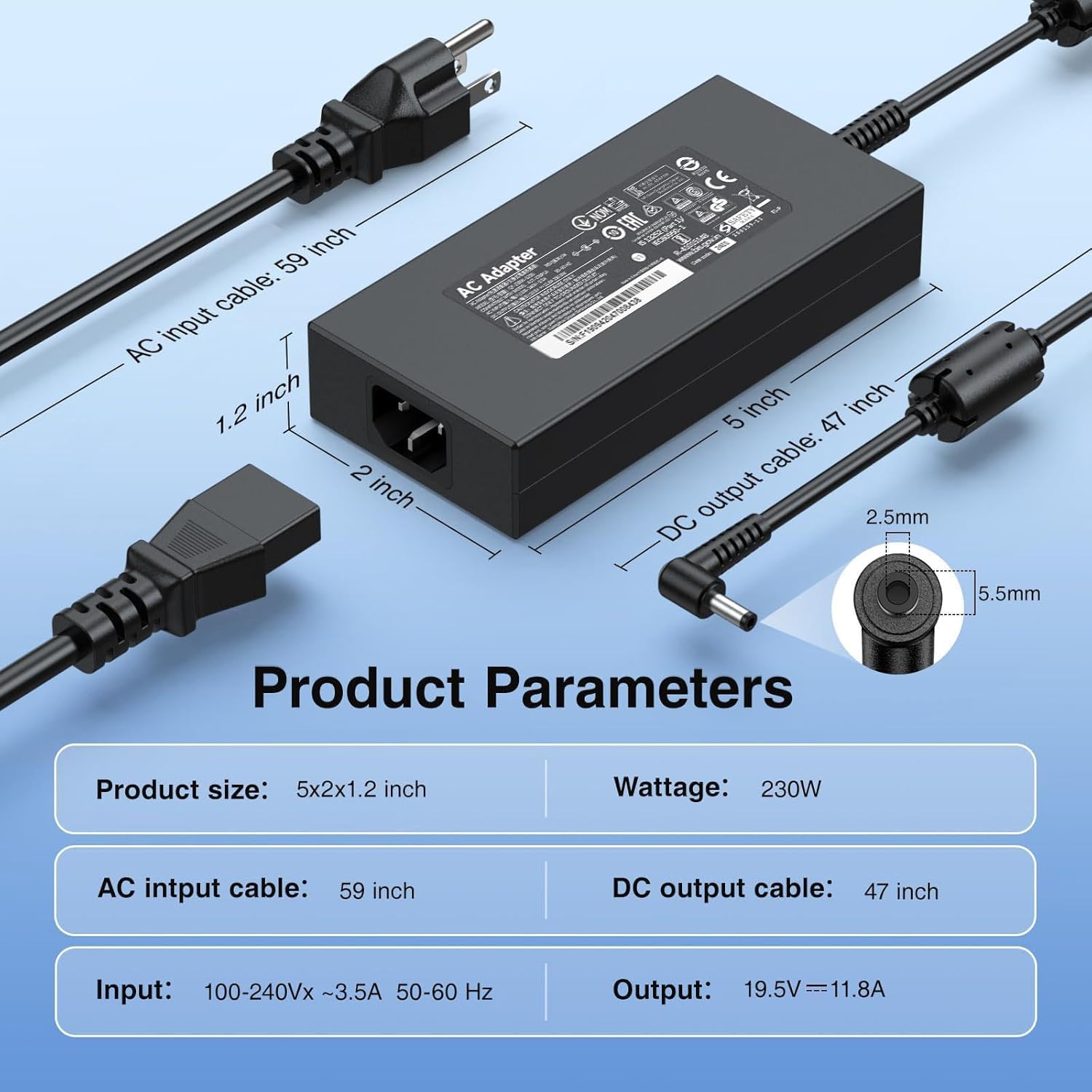 230W Laptop Charger Compatible with Gigabyte Aorus 15G 15P Gigabyte Aero 15 16 17, 19.5V/11.8A AC Adapter Compatible with Gigabyte G7 G5 A5 A5X1 A5K1 A7 7X1 A17-230P1A