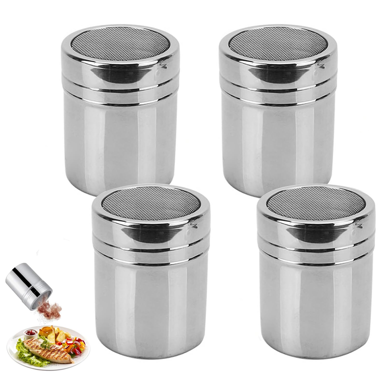 4PCS Flour Shaker, Stainless Steel Icing Sugar Shaker Duster, Powder Shaker for Baking and Seasoning, Compact 15x10x5 cm Kitchen Tools, Flour Duster and Chocolate Shaker for Precise Distribution