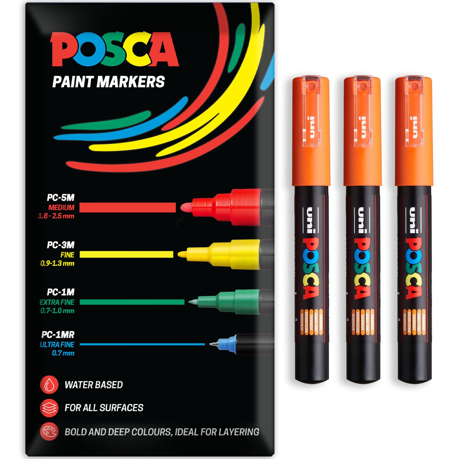 Posca Water Based Acrylic Paint Marker Pens | Multi Surface Use Permanent Paint Pen | Pack of 3 Pens in Envelope Gift Packaging | Glass, Fabric, Canvas, Wood etc | PC-1M, Orange